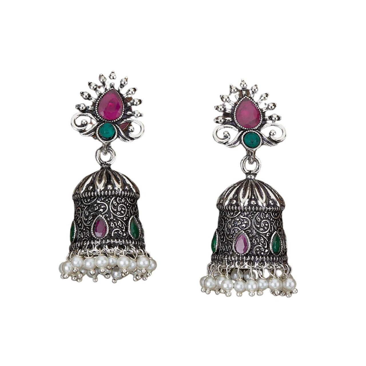 Indian Oxidized Jhumka Earrings for Women - Vintage Indian Jhumki Ethnic Chandbali Earrings Faux Pearls with Oxidized Platting Bollywood Style Dangle Earring Jewelry for Bride Gift for Her